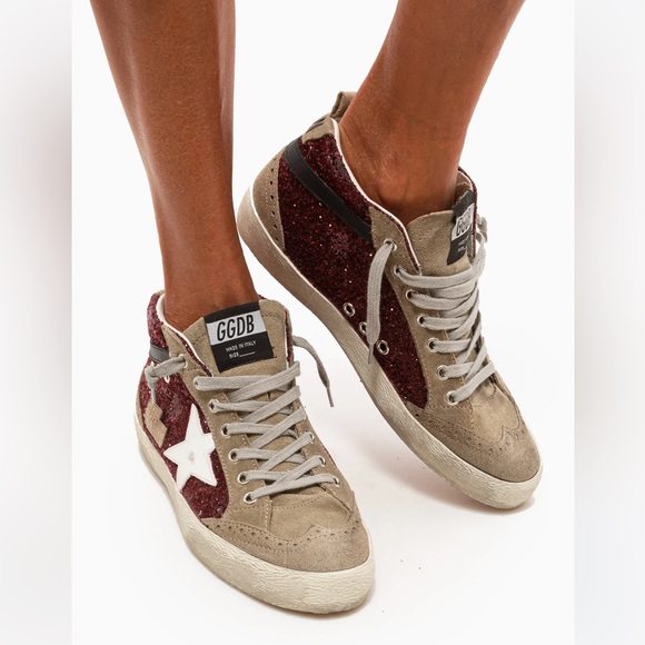 Golden Goose Mid Star Sneaker in Burgundy Glitter/Gray Suede sz 40 New in Box - Picture 13 of 13